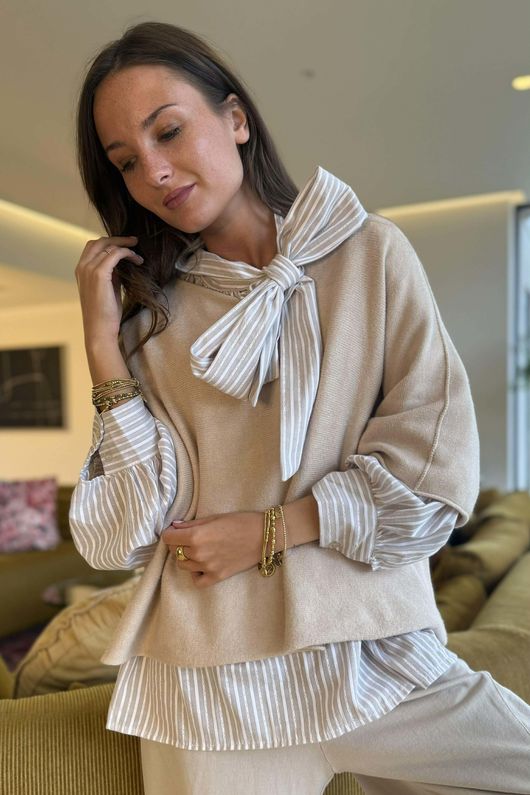 Nantucket Stripe Tie Neck Blouse Stone